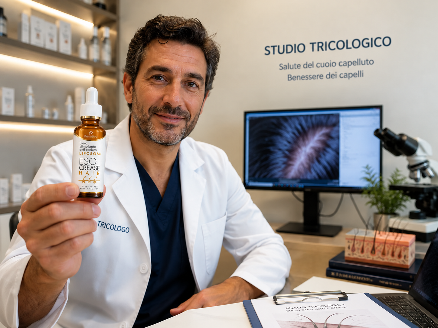 Tricologo in studio con prodotto capelli